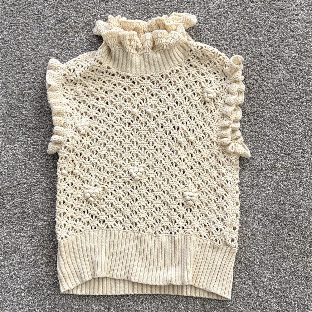 Crochet Ruffle Mock Neck Sleeveless Sweater - Cream